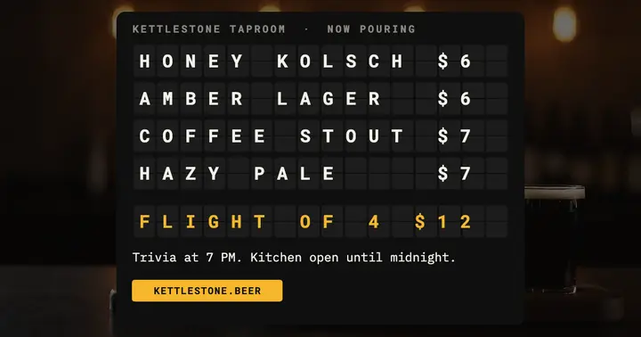 Kettlestone Taproom tonight's pours post, split-flap board template