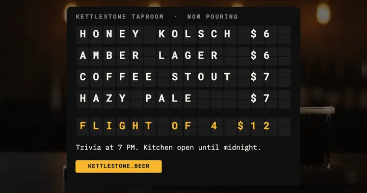 Kettlestone Taproom tonight's pours post, split-flap board template