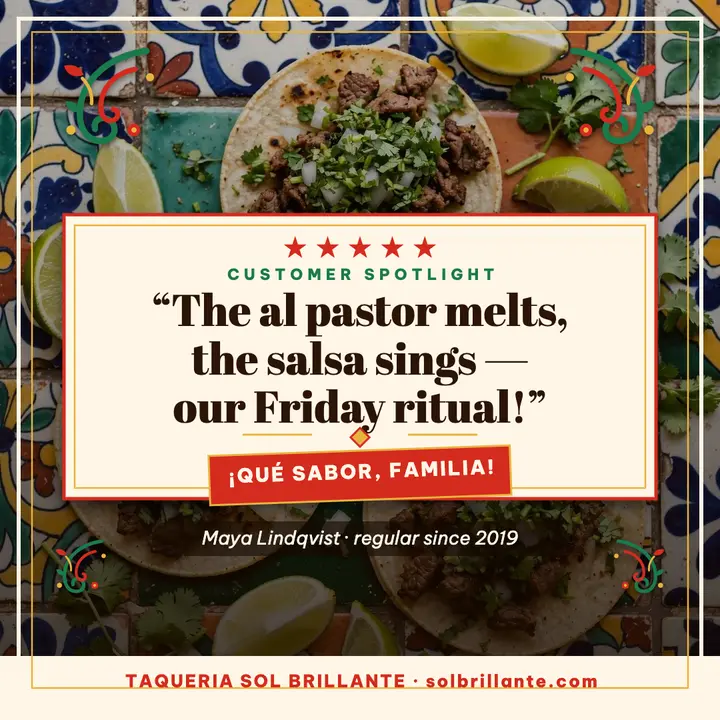 Sol Brillante taqueria spotlight, tacos template