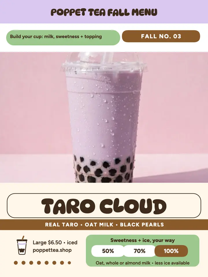 Poppet Tea taro cloud boba menu template