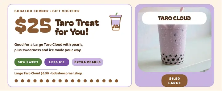 Bobaloo Corner taro voucher template