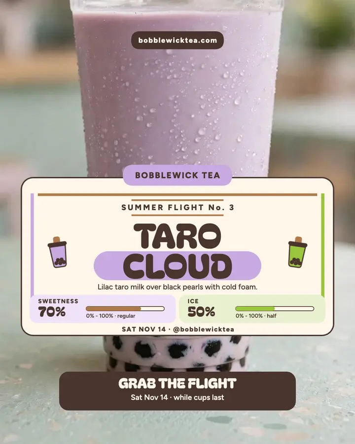 Bobblewick Tea Taro Cloud launch post: taro milk tea launch post template