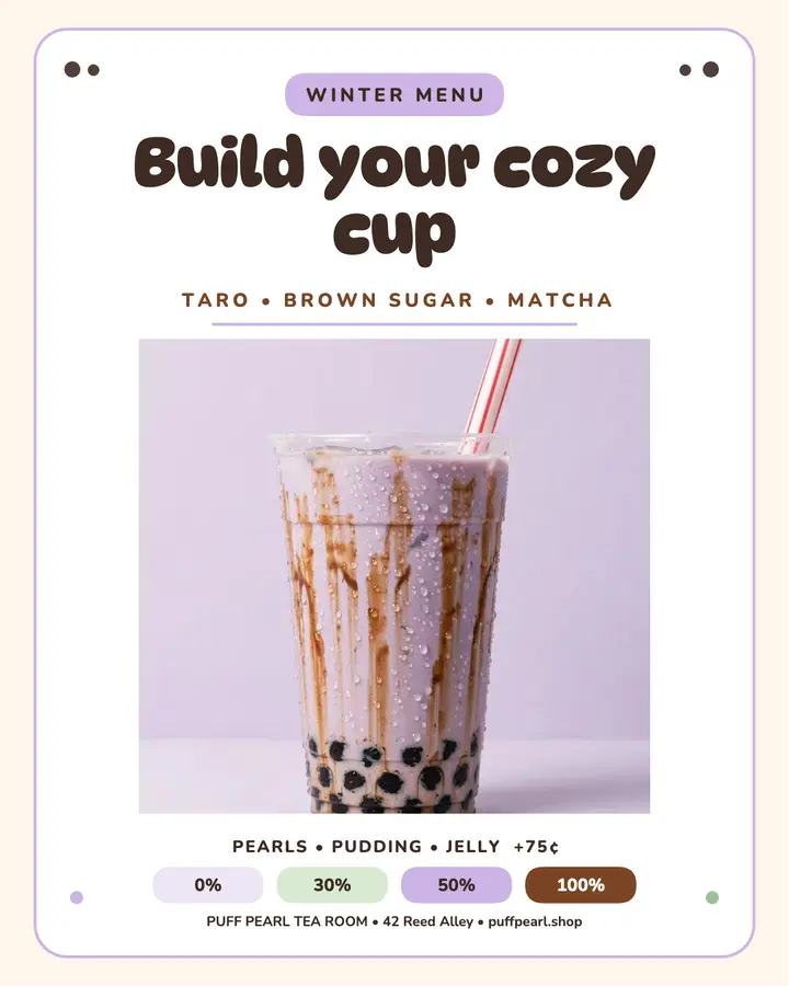Puff Pearl winter bubble tea menu post template