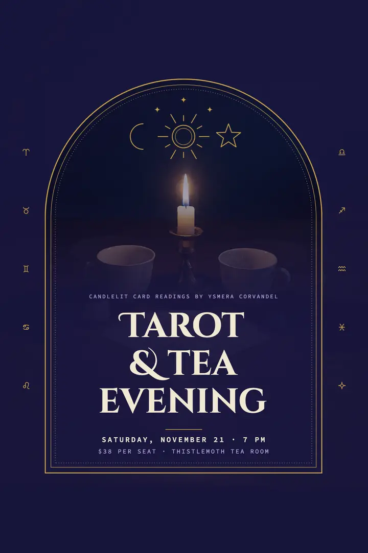 Tarot and tea evening poster, mystic tarot: tarot and tea evening poster template