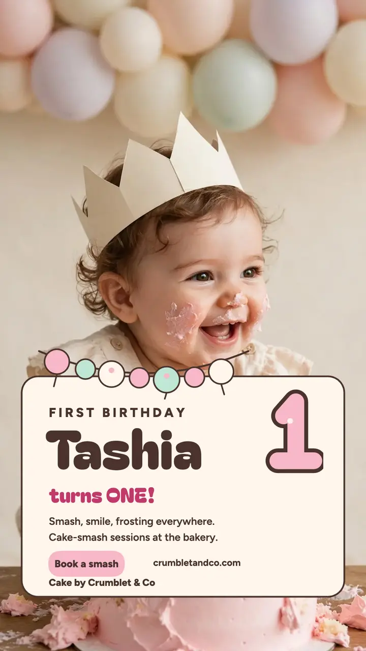 Tashia cake smash first birthday story template