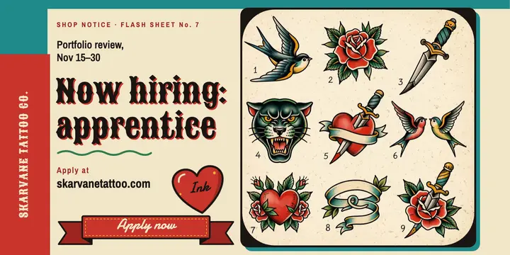 Skarvane tattoo apprentice hiring post template