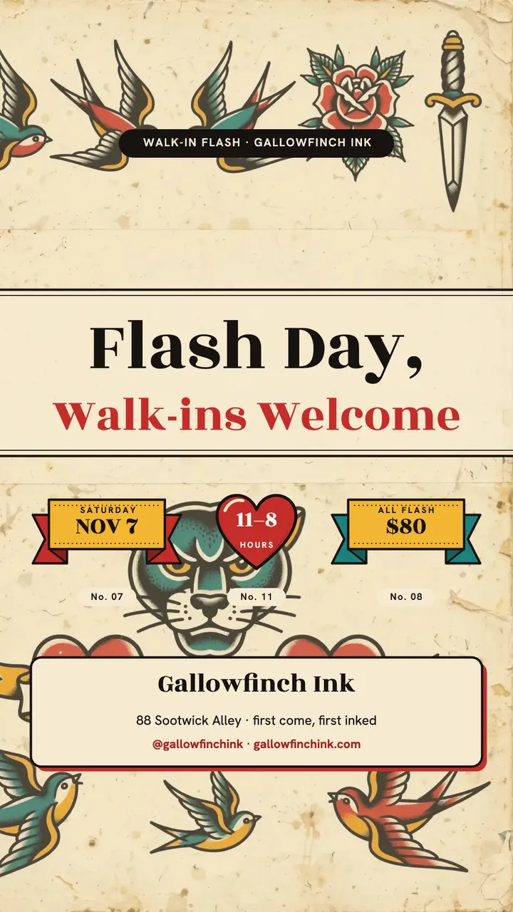 Tattoo flash day walk-ins story, flash sheet: tattoo flash day story template