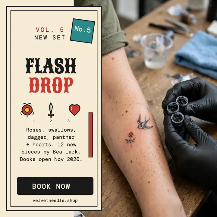 Velvet Needle flash drop post: tattoo flash post template