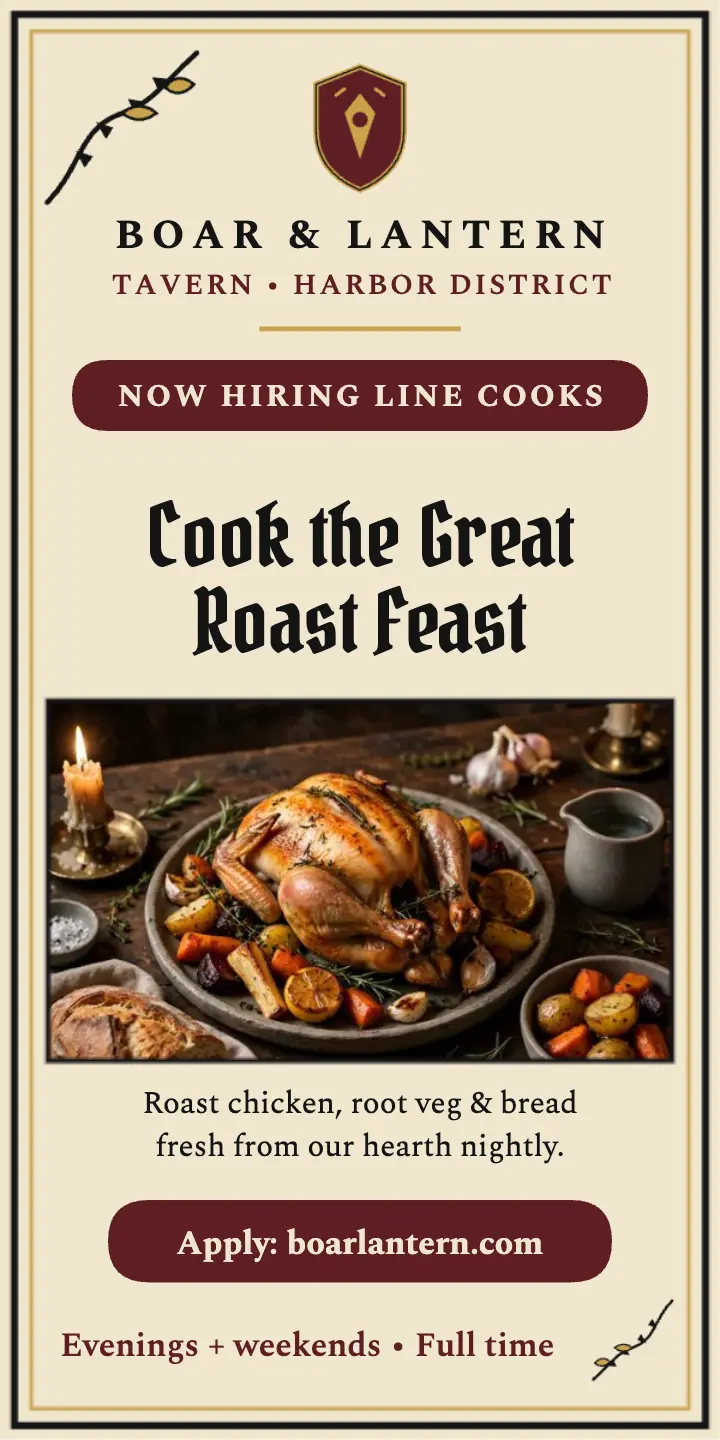 Boar and Lantern line cooks hiring ad template