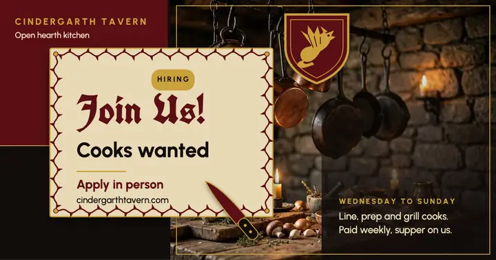 Cindergarth Tavern cooks wanted blackletter post template