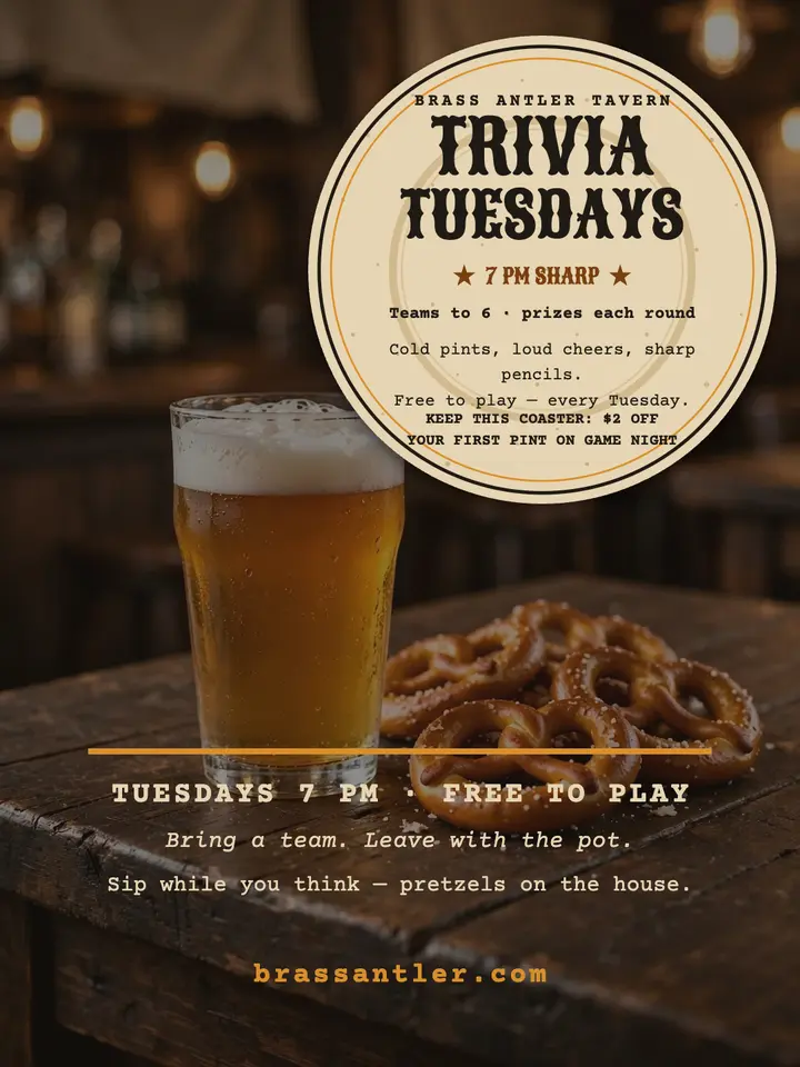 Brass Antler trivia Tuesday coaster: trivia night coaster promo template