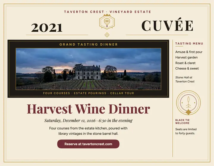 Taverton Crest wine dinner flyer template