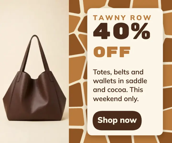 Tawny Row leather tote sale ad, giraffe wild print template