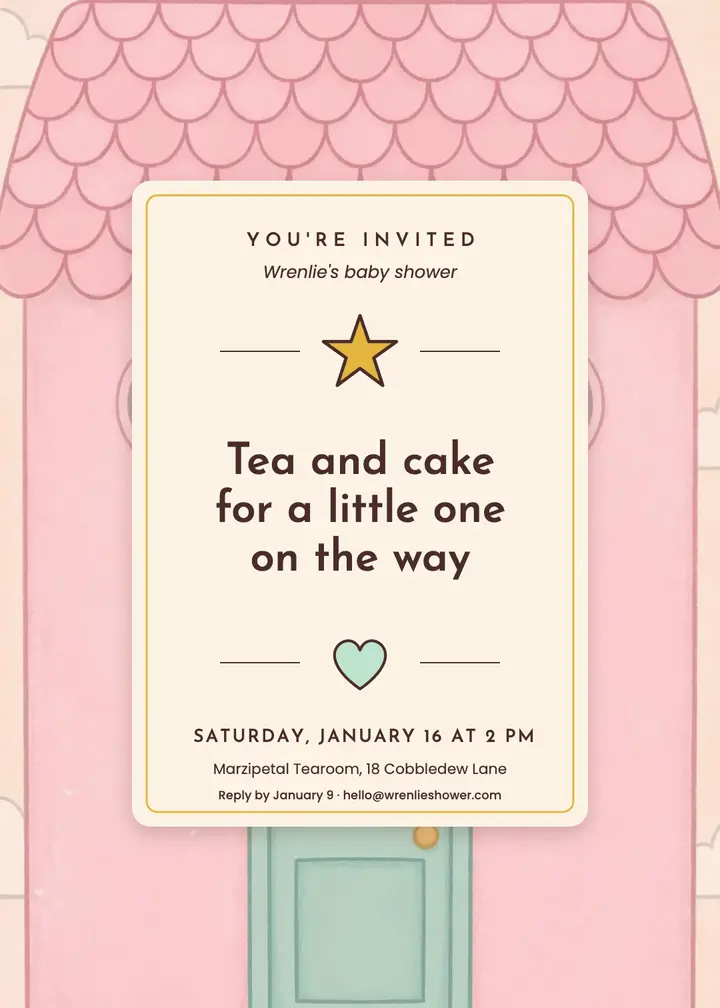 Tea and cake baby shower invitation, storybook template