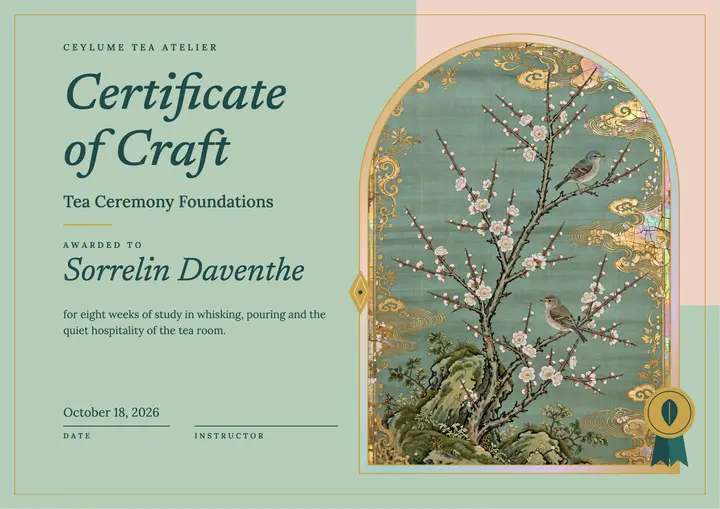 Tea ceremony course certificate, painted chinoiserie template
