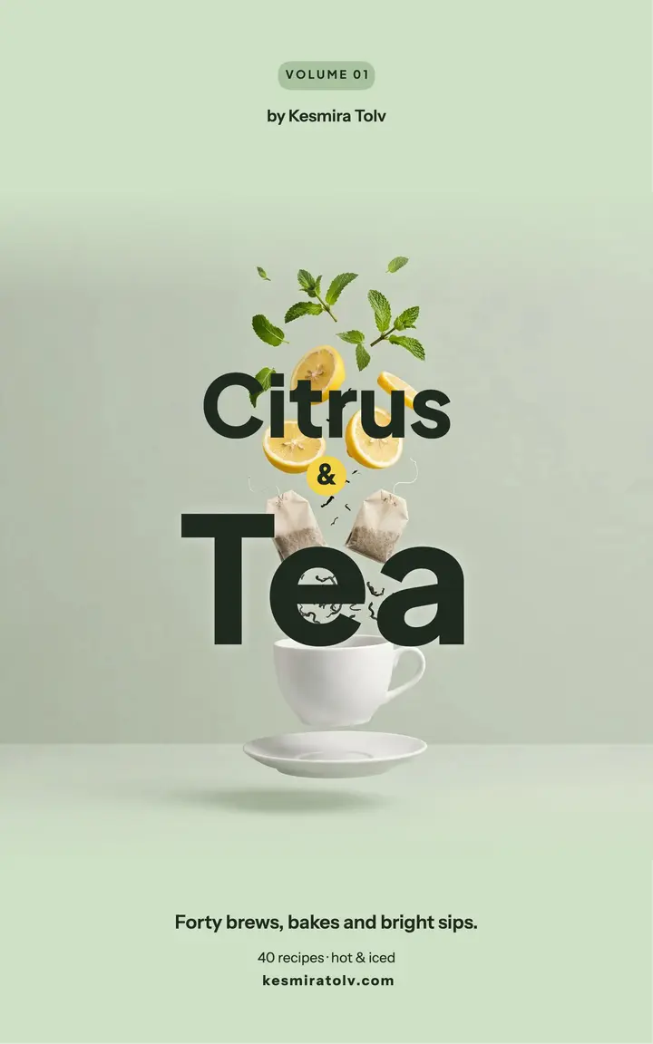 Tea and citrus recipe ebook cover, levitation still life template