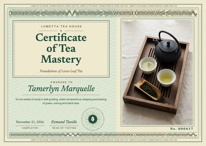 Tea course certificate, banknote guilloche: tea course certificate template