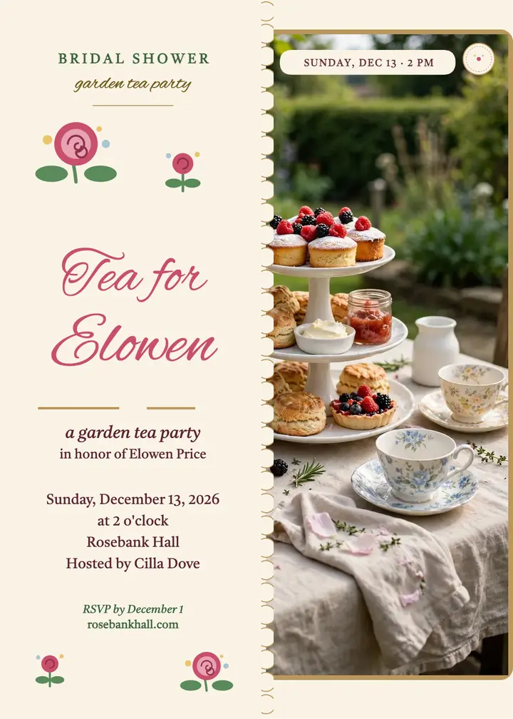 Elowen's garden tea bridal shower invitation template