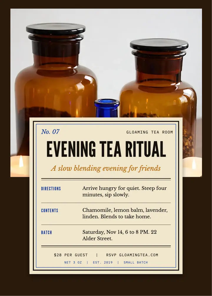 Evening tea ritual invitation, apothecary label template