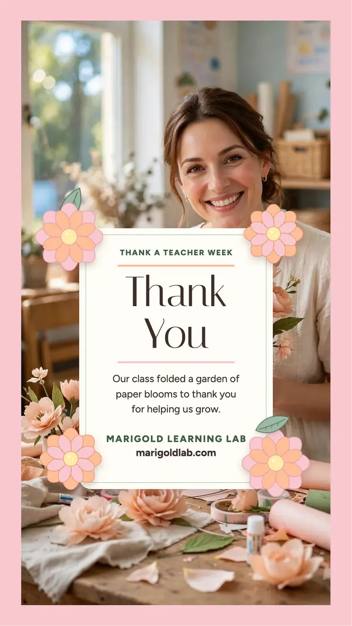 Teacher thank you story, paper blooms template