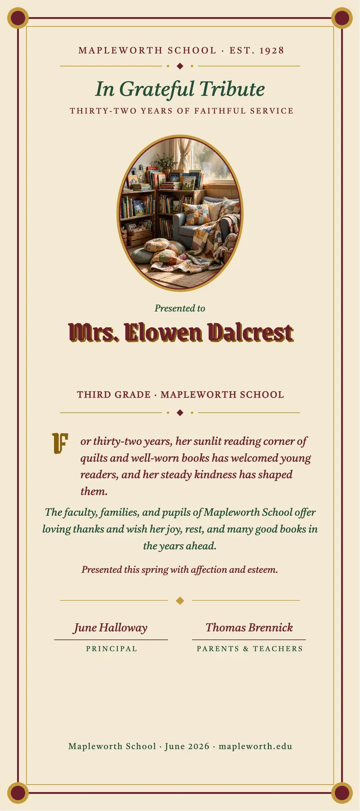 Retiring teacher Victorian tribute rack card template