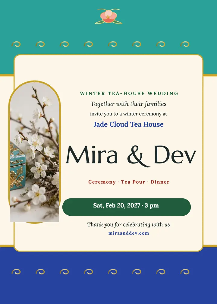 Mira and Dev tea-house enamel invitation template