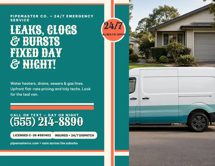 Pipemaster 24/7 plumber van flyer template