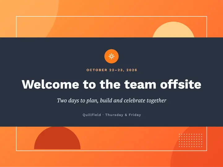 Orange and slate team offsite welcome slide template
