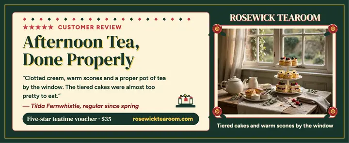 Rosewick Tearoom review gift voucher: tearoom review gift voucher template
