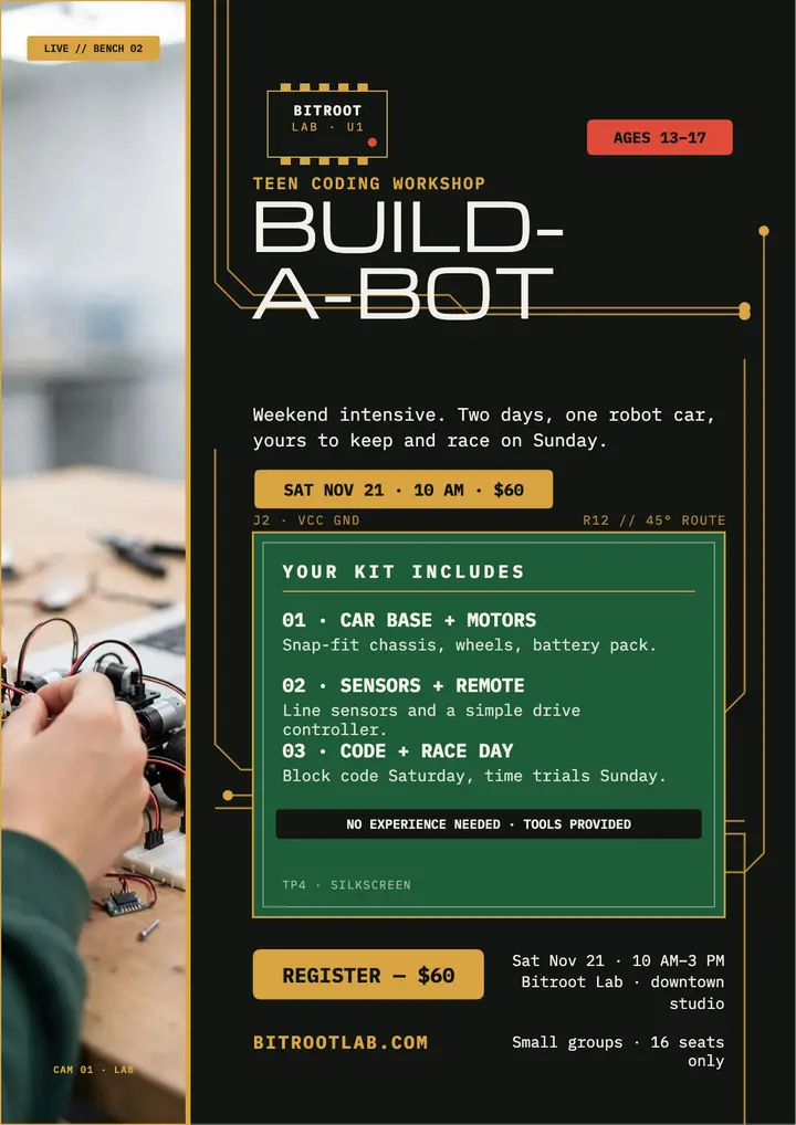 Bitroot Lab teen bot build flyer template