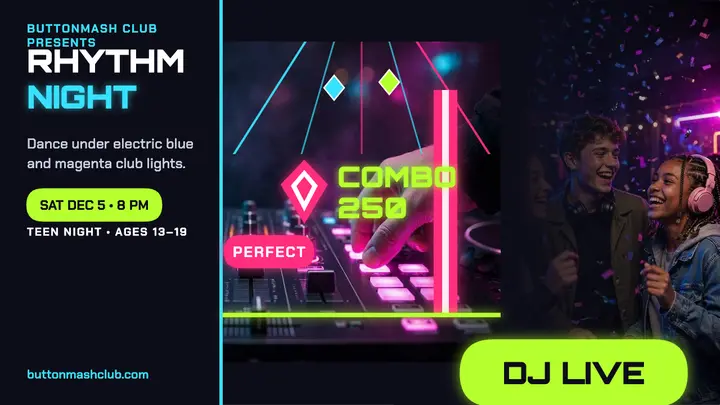 Buttonmash Teen Night rhythm thumbnail template