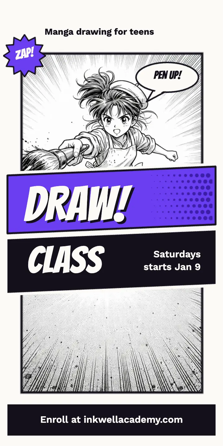 Teen manga drawing class half-page ad: manga class ad template