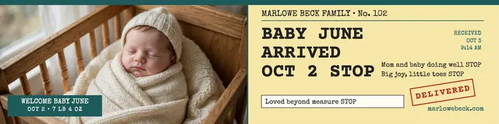 Marlowe Beck welcome baby telegram banner: baby announcement banner template