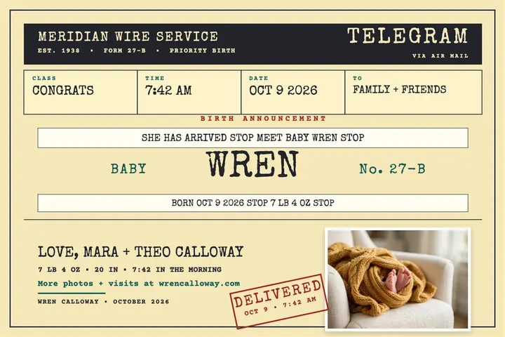 Telegram baby arrival postcard template