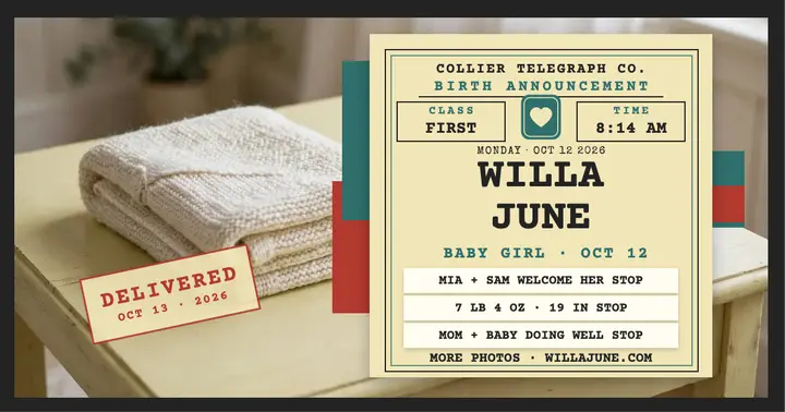 Telegram baby girl announcement, Mia and Sam Collier template