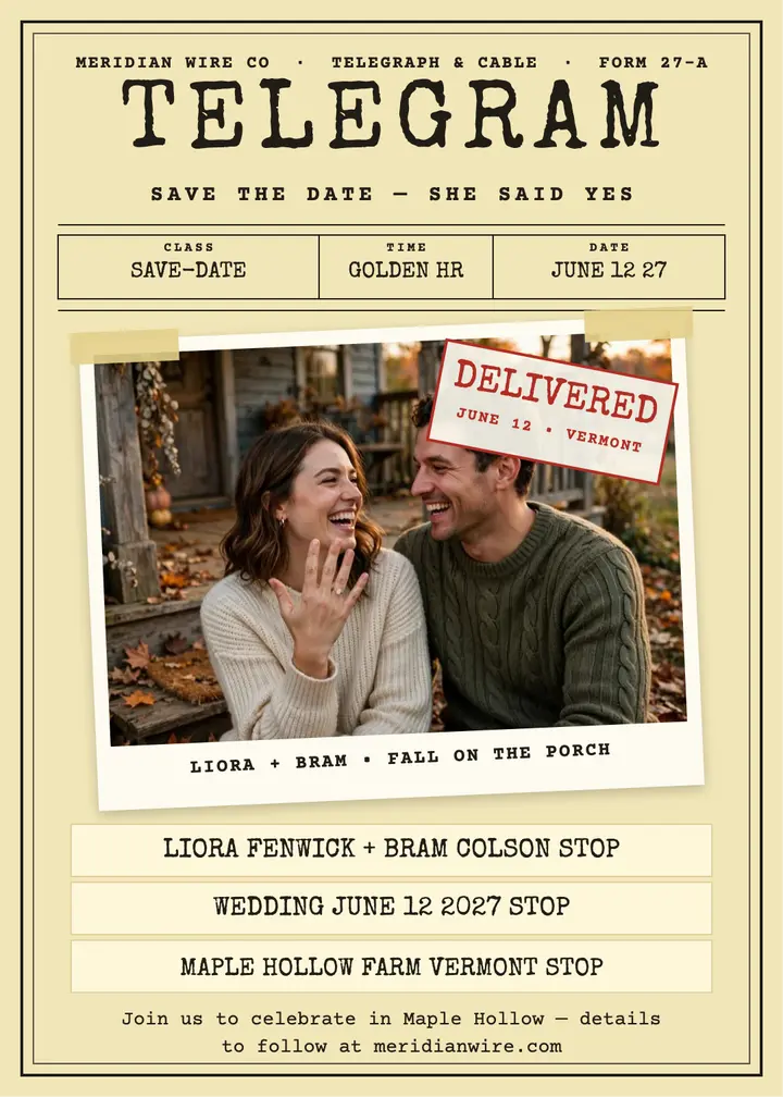 Liora and Bram telegram engagement invitation: engagement save the date template