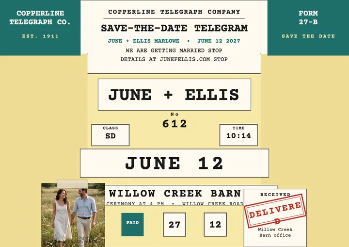 June and Ellis telegram save the date: save the date telegram template