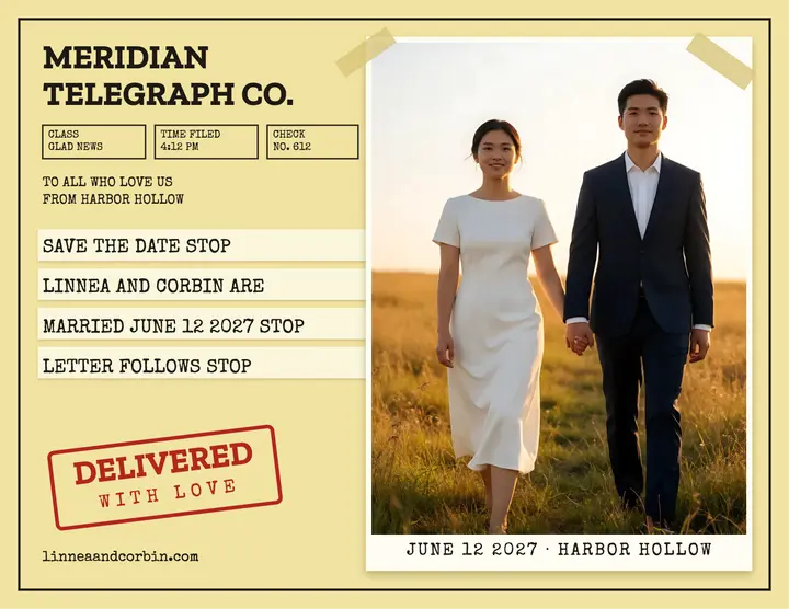 Linnea and Corbin telegram save the date: telegram save the date flyer template
