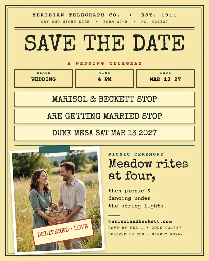 Marisol and Beckett telegram save-the-date: telegram save the date template