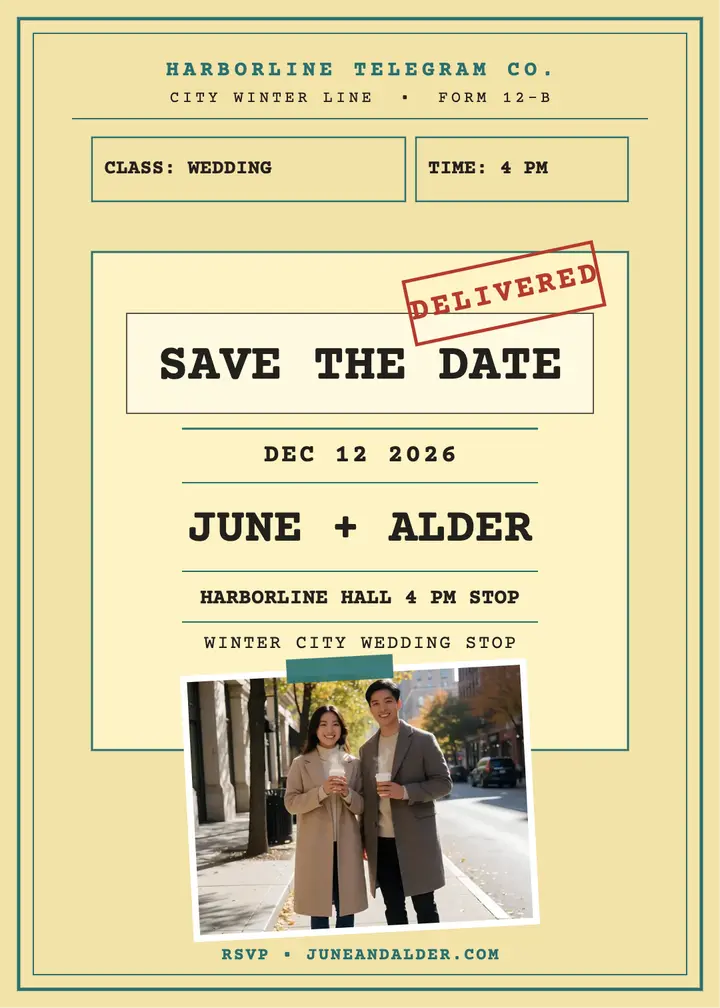 June and Alder winter telegram save the date template