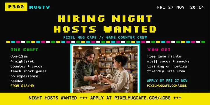 Pixel Mug night hosts teletext post: game cafe hiring post template