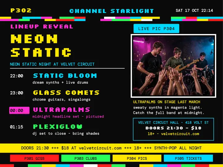 Neon Static teletext lineup slide: club lineup slide template