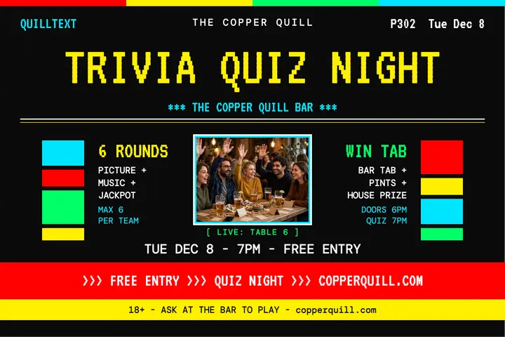 Copper Quill trivia quiz night teletext postcard: trivia night postcard template