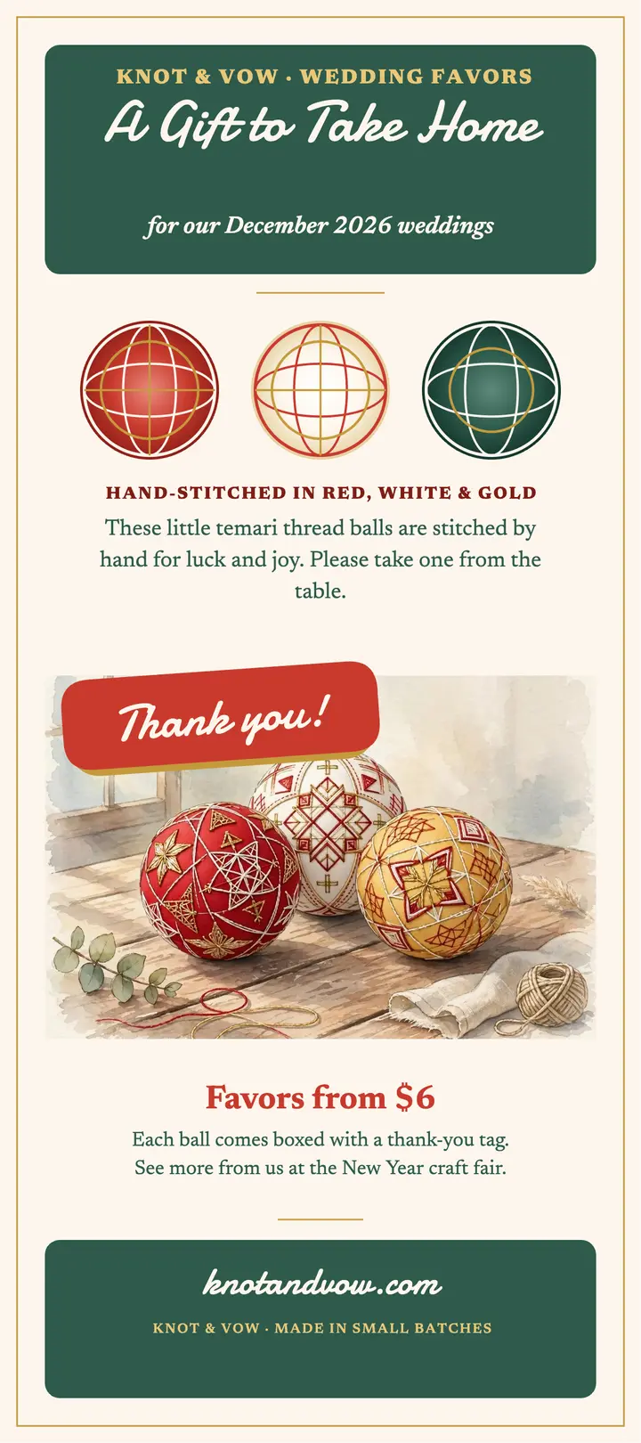Knot and Vow temari favors rack card: wedding favors rack card template