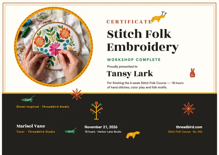 Threadbird embroidery workshop certificate template