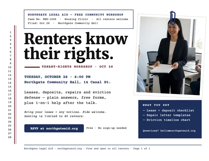 Northgate renters rights workshop filing flyer template