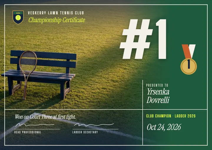Tennis club ladder champion certificate template