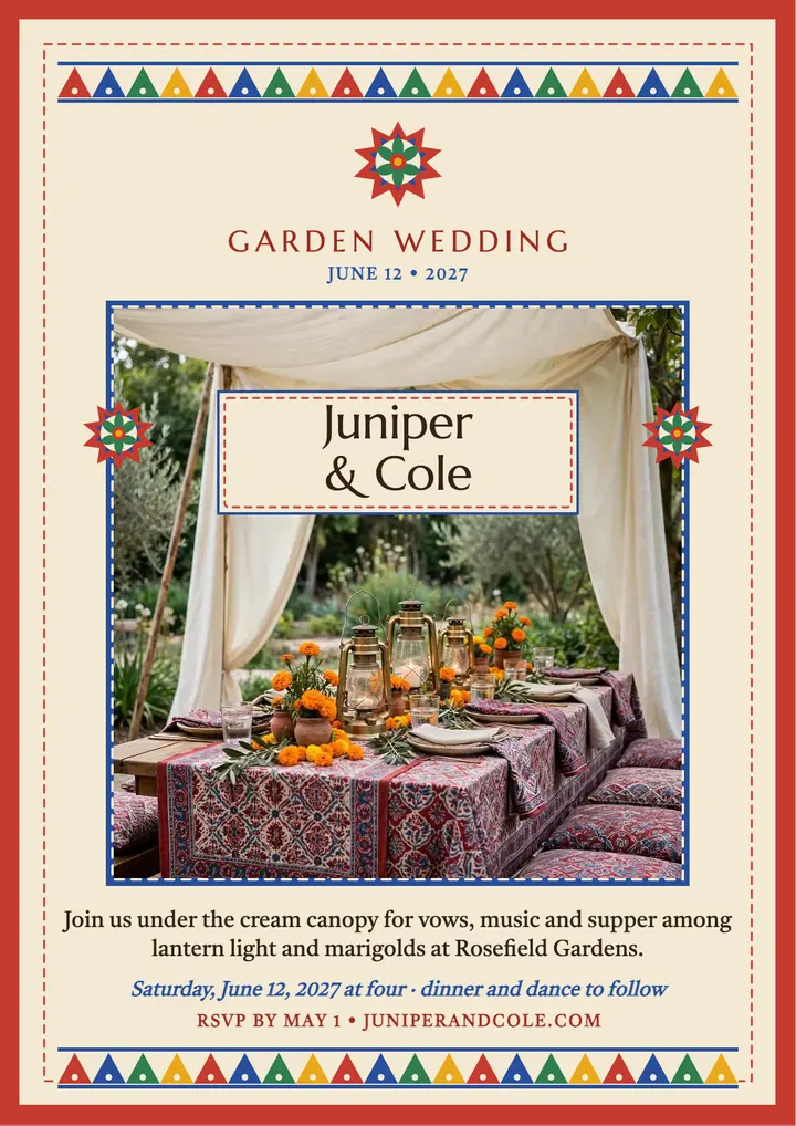 Juniper and Cole garden wedding flyer: garden wedding flyer template
