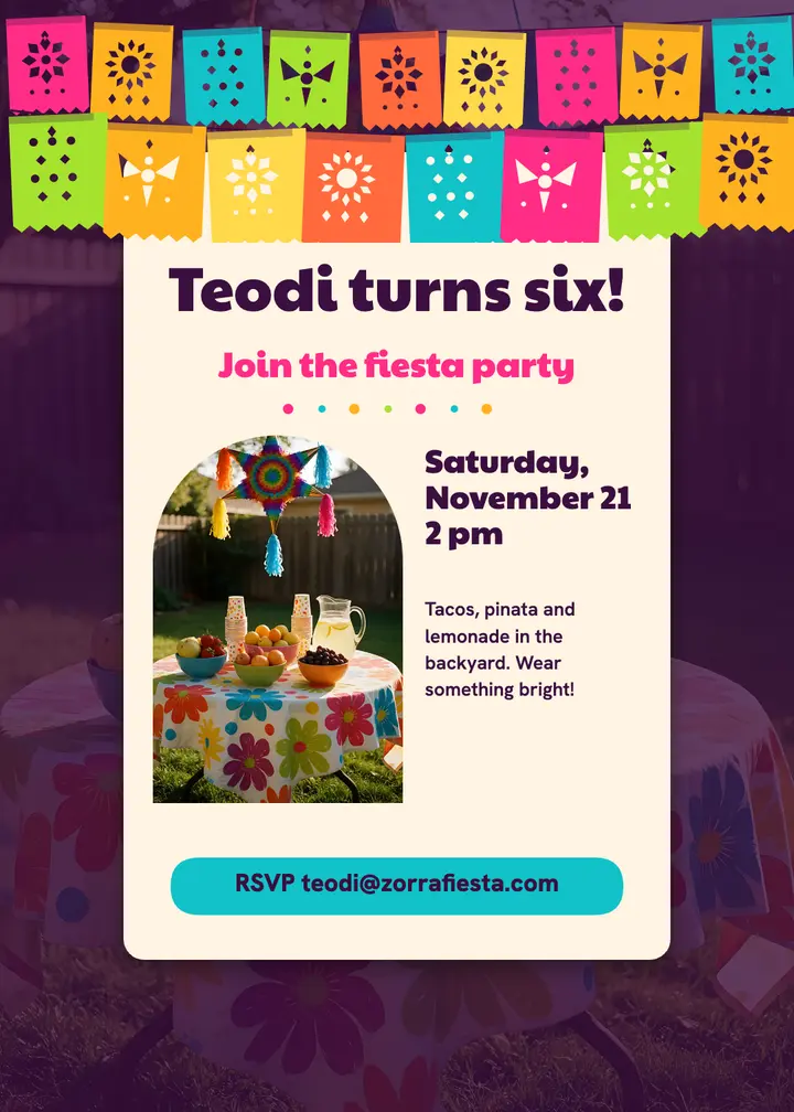 Teodi's sixth birthday fiesta invitation, papel picado flags template