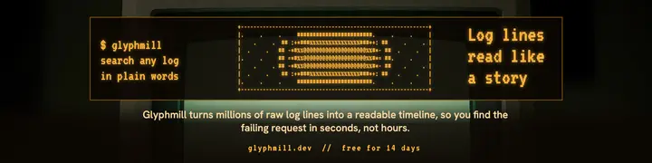 Glyphmill log search LinkedIn banner, ASCII terminal template